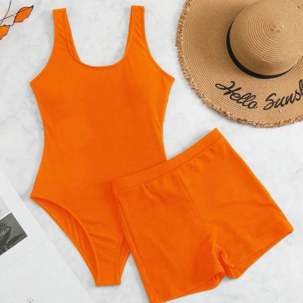 SHEIN Orange Ribbed Scoop Neck Tank One-Piece & Swim Shorts Set